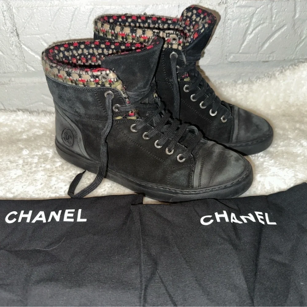 Chanel 15A Suede Leather Tweed High Top Black Sneakers Size 37